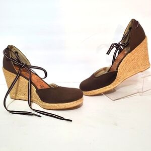 Tommy Hilfiger brown canvas jute wedge lace up ankle tie high heel 8 NWOB